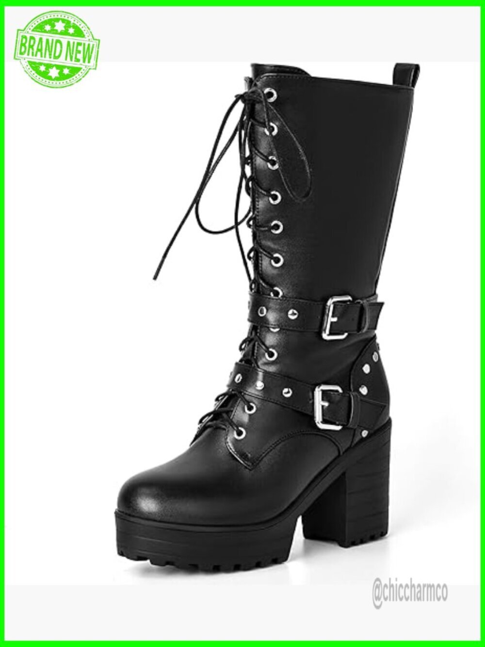 Mid Calf Combat Platform Boots Lace Up Chunky Goth Punk Motorcycle Booties